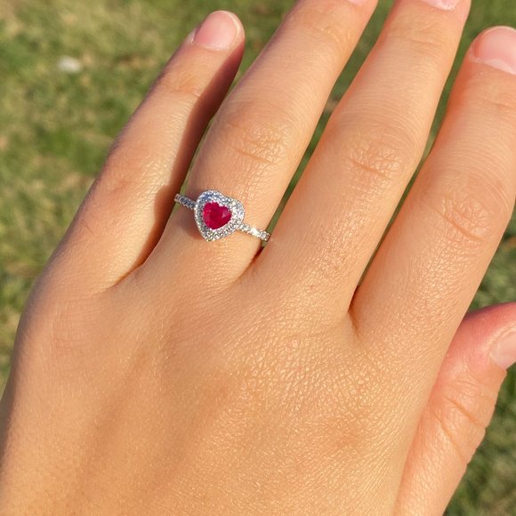 Heart Shaped Natural Ruby and Double Halo Natural Diamond Ring - Picture 9 of 10